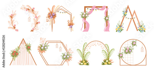 Wedding round arch. Gold frame with roses and a flashlight. Flowers and candles for the wedding ceremony