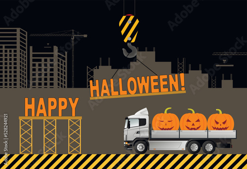 Happy halloween concept. Happy Halloween inscription set on the background of a construction site and a truck with festive pumpkins.