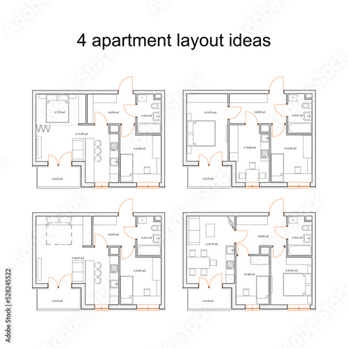4 apartment layout ideas, vector blueprint