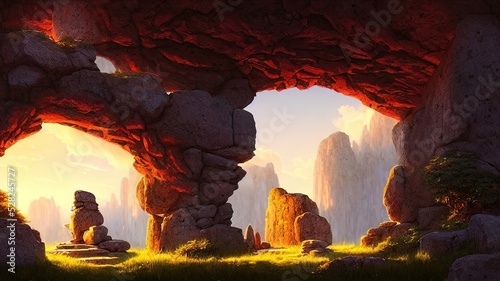 Fantasy landscape with stone ruins at a beautiful sunset. Ancient stone fantasy magic portal, passage to the unreal world. Mountains and sun rays, shadows, stone path up. 3D illustration.
