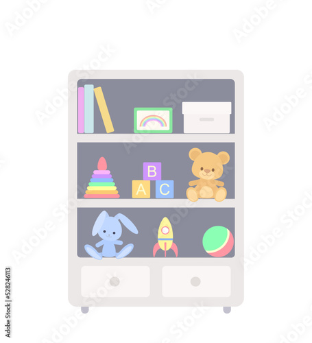 Toy cabinet for nursery isolated on white background. Home interior concept. Vector illustration. Cartoon flat style