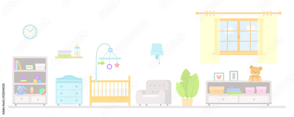 Cute furniture for nursery. Home interior concept. Vector illustration. Cartoon flat style
