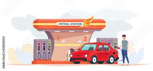 Customer filling up the car with fuel holding a pump at the petrol station. Flat vector illustration.