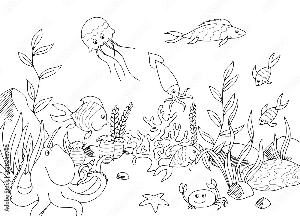 Funny fish underwater graphic sea black white sketch illustration vector 