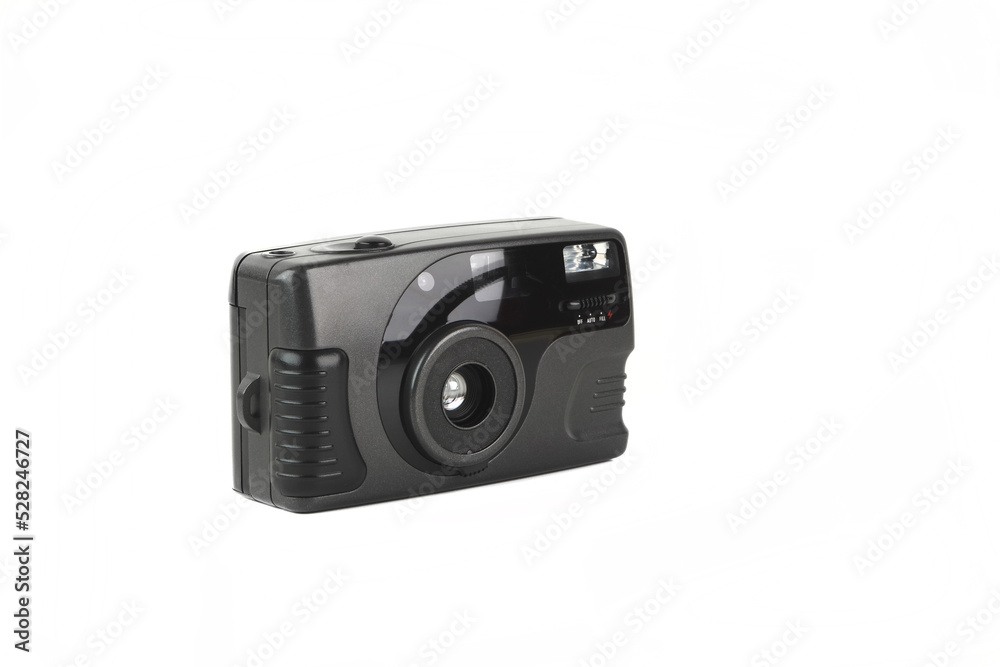 Old automatic film camera on white background. Old automatic film camera on white background.