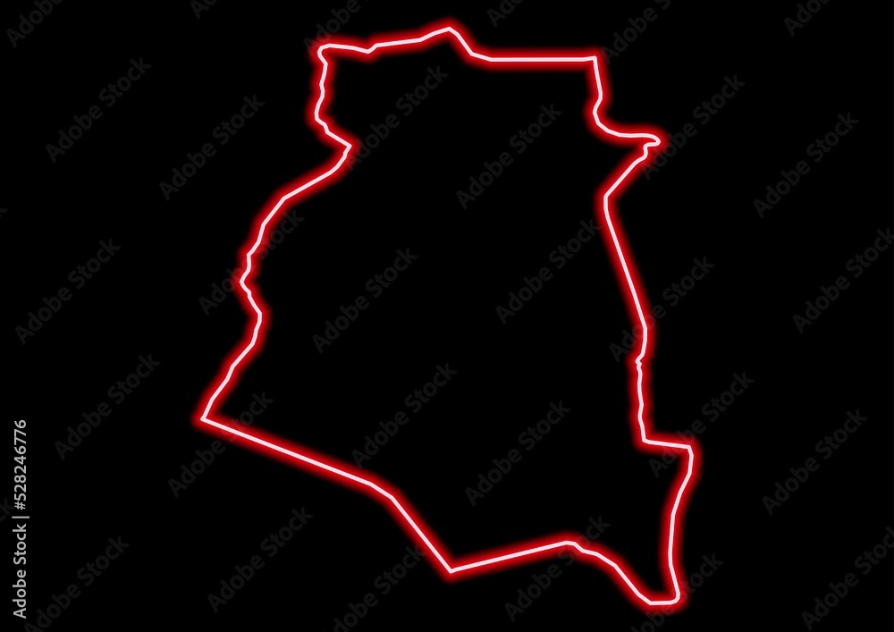 Red glowing neon map of South Khorasan Iran on black background.