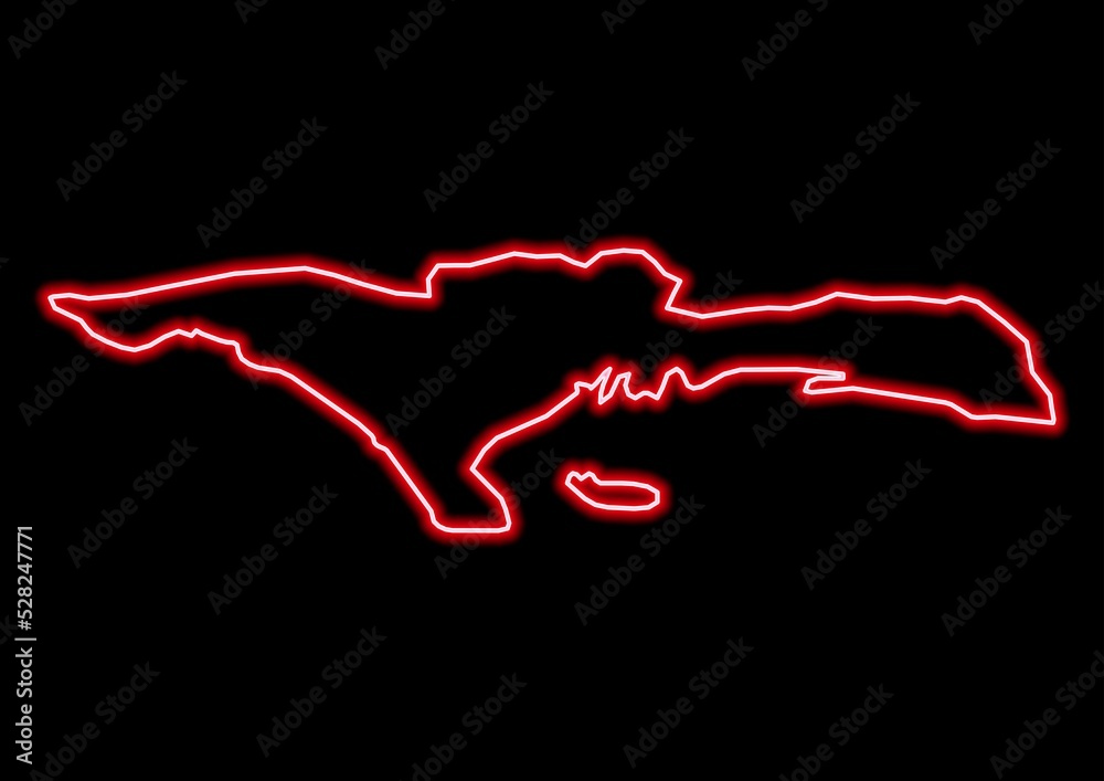 Red glowing neon map of Sud Haiti on black background.