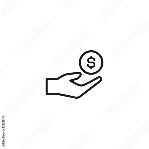 Hand with dollar coin. Black icon. Vector flat pictogram isolated on white. Give, receive, take, earn money. Financial success, salary, investment, dividend. Currency, pay