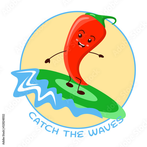 Cheerful red chili pepper on the surfboard print sublimation, bright color vector illustration jalapeno pepper humanized vegetable character