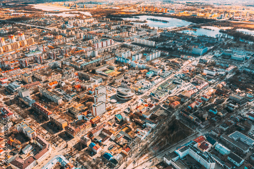 Brest, Belarus. Brest Cityscape Skyline In Spring Day. Bird's-eye View Of Residential Districts. Aerial View Of Belarus Cinema And Pedestrian Sovietskaya Street. © Grigory Bruev