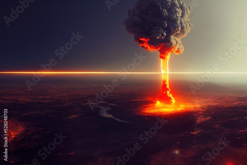 Huge nuclear explosion. 3D render of a bomb with a mushroom cloud. Catastrophic nucelar war. Bombing of a city, planet earth.  Atomic bomb exploding. Radioactive cloud. Flames and black smoke.  photo