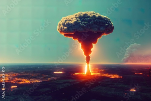 Huge nuclear explosion. 3D render of a bomb with a mushroom cloud. Catastrophic nucelar war. Bombing of a city, planet earth. Atomic bomb exploding. Radioactive cloud. Flames and black smoke. 
