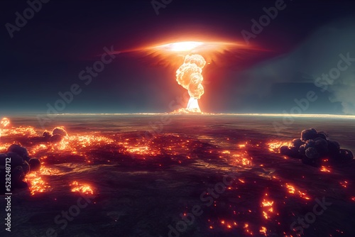 Huge nuclear explosion. 3D render of a bomb with a mushroom cloud. Catastrophic nucelar war. Bombing of a city, planet earth. Atomic bomb exploding. Radioactive cloud. Flames and black smoke. 