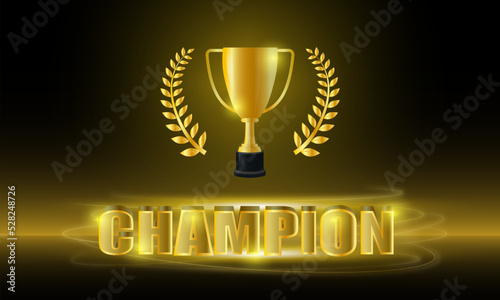 champion trophy cup golden with word vector illustration design