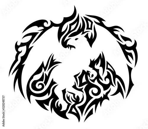 Black tribal tattoo pattern around griffin silhouette