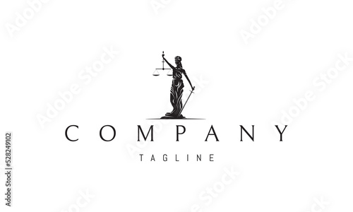 Vector logo on which an abstract image of a statue of the goddess of justice.