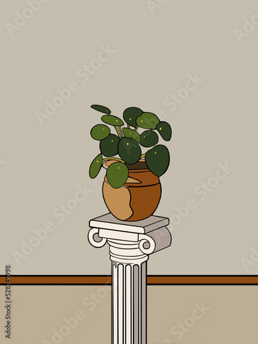 Chinese money plant in a pot. Vector illustration.