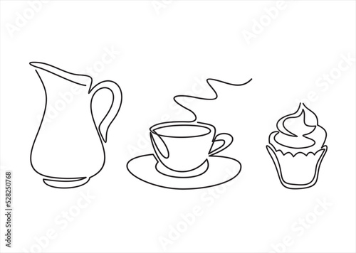 coffee cup and cupcake with continuous one line drawing. Breakfast theme with linear pastry and coffee for logo and posters, simple sketch design. Vector