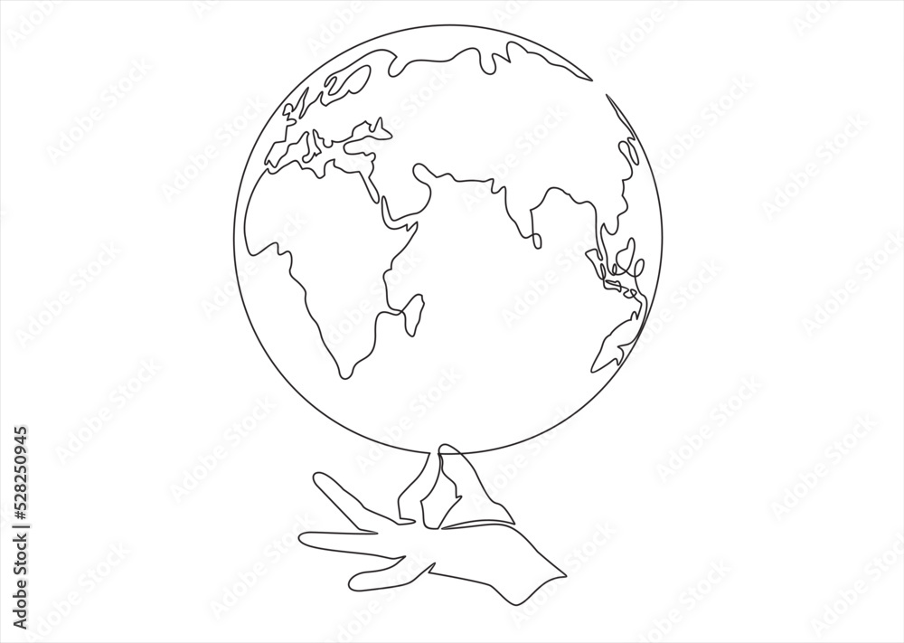 Continuous line drawing of Hand Holding Earth Globe. Single one line drawing of hand hold globe.