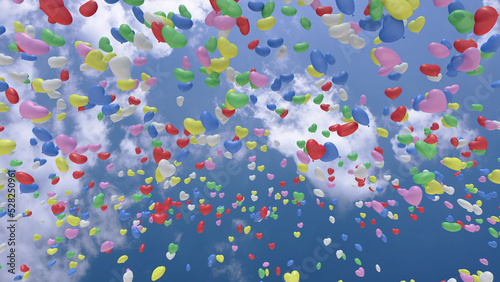 Heart Balloons rising up to the sky 3D illustration.