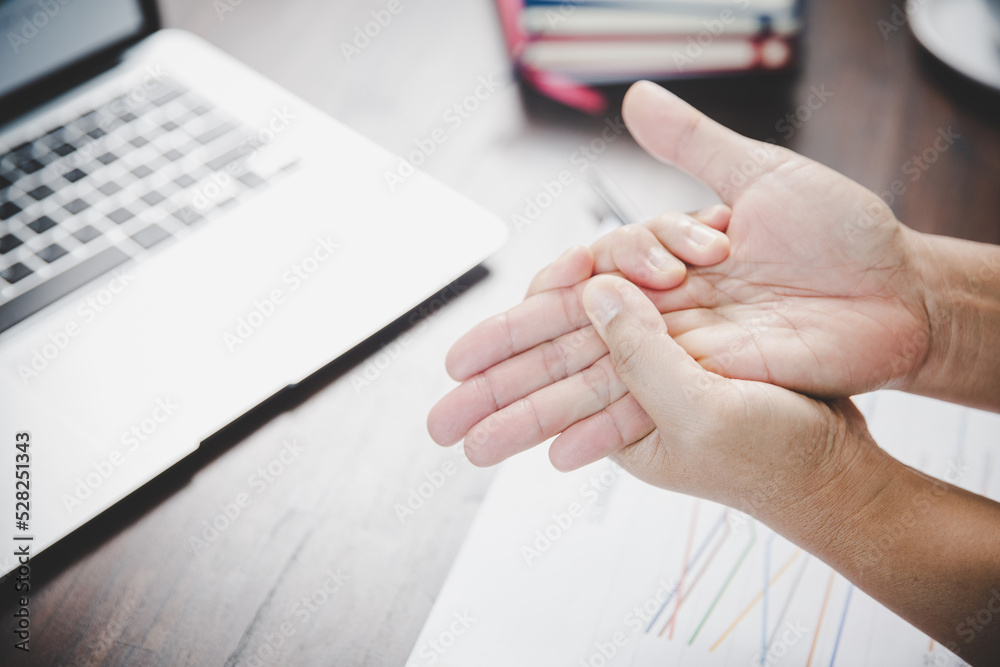 Arthritis person, finger woman ache from working in office. Concept