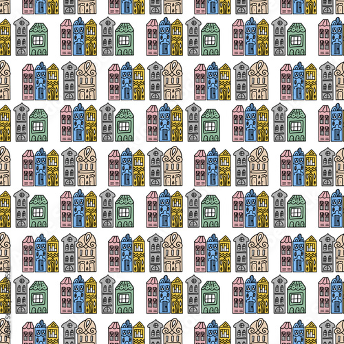 Multicolored hand drawn houses seamless pattern, cute childish wallpaper