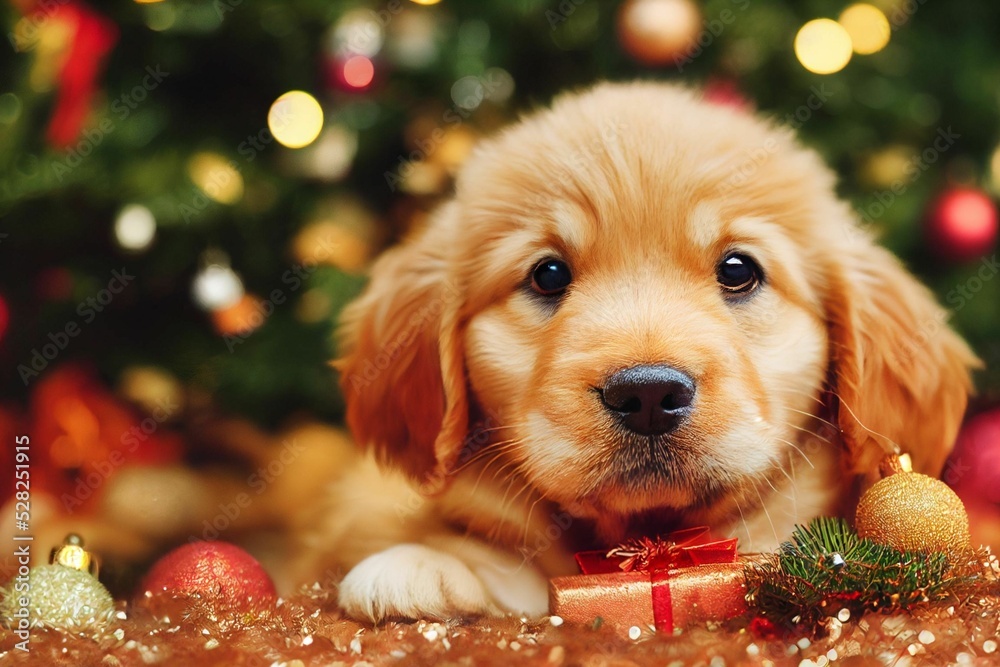golden retriever puppy with christmas decorations - obrazy, fototapety, plakaty 