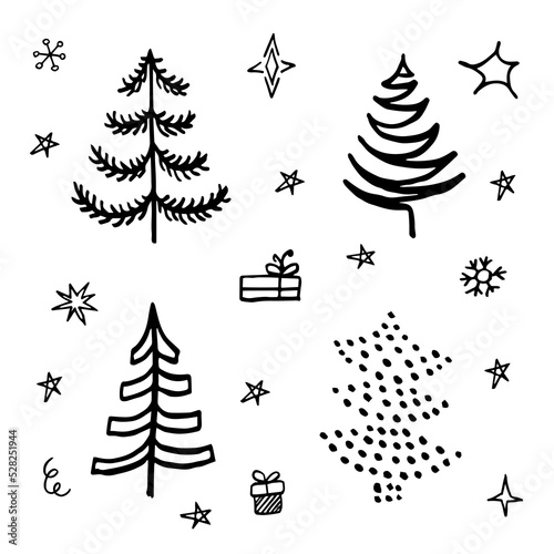 cute doodle abstract conifer pine fir christmas needle trees collection, set