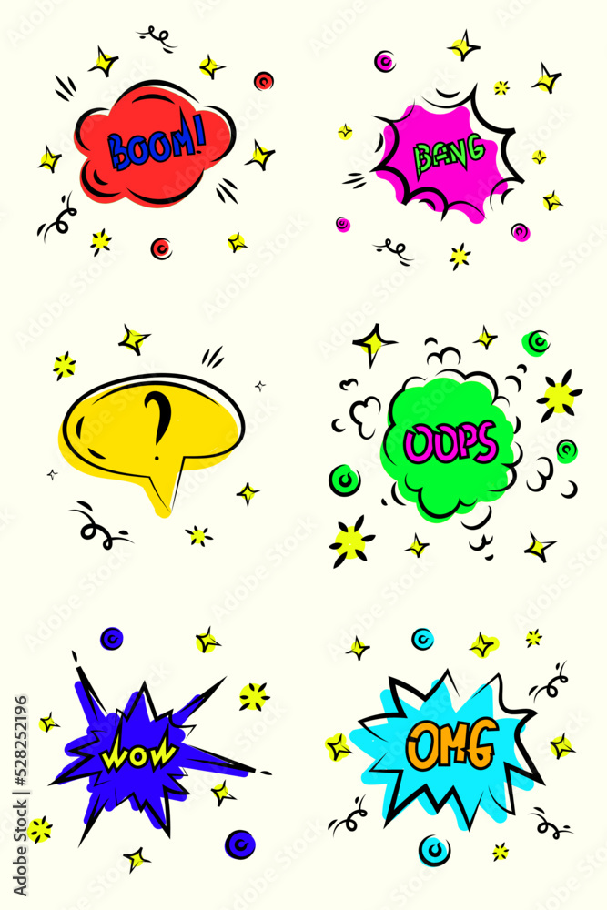 Comic speech bubble set with text boom, oops, sound expression of emotion bang, omg. Hand drawn retro cartoon explosions stickers.