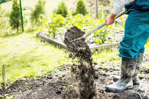 Man gardener digging whole to the land in the garden. Soil preparing for planting in spring. Gardening. Summer concept