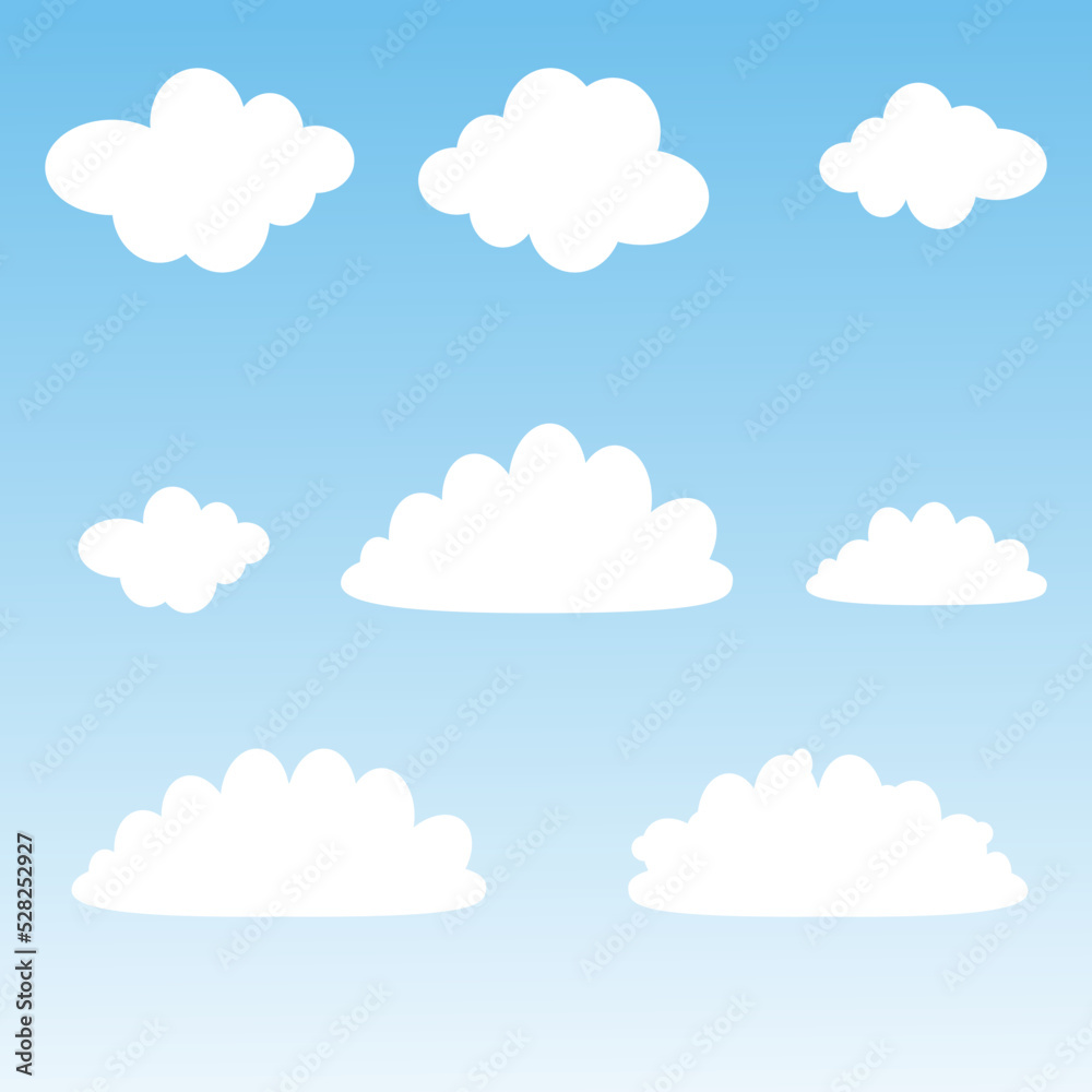 Vector illustration with a collection of white clouds on a blue background in cartoon style.
