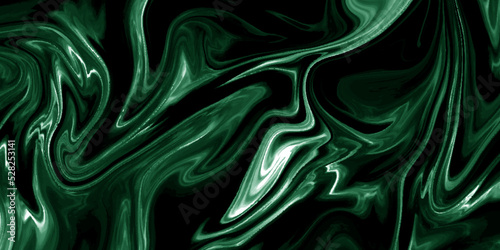 Dark green marble oil ink liquid swirl texture for do ceramic counter dark green abstract light background, liquid metal close-up, wide horizontal banner. 3d illustration.