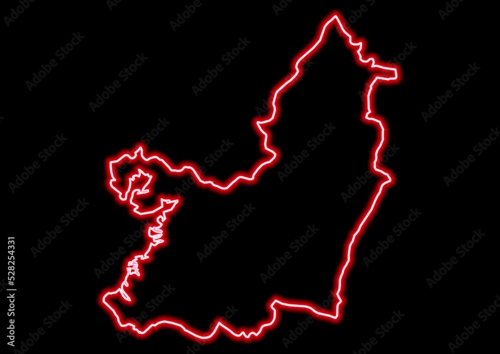 Fototapeta premium Red glowing neon map of Valle del Cauca Colombia on black background.
