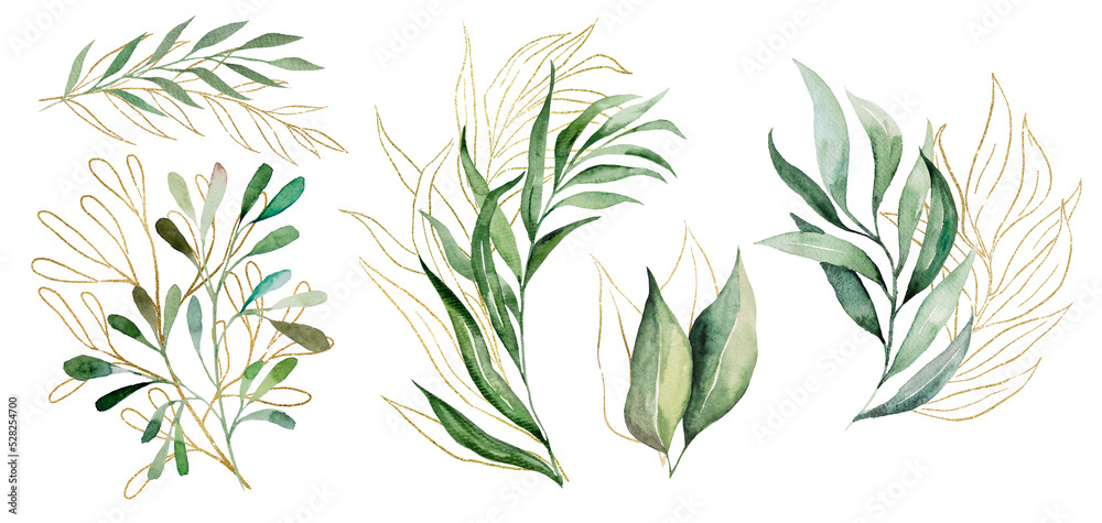 Green and Golden botanical watercolor leaves illustration, wedding design element