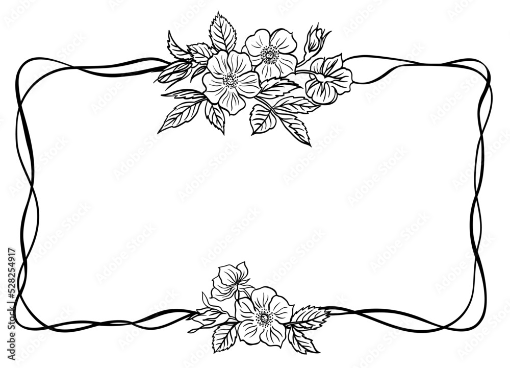 Rectangular Frame In Art Nouveau Style With Wild Rose Flowers Black