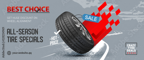 Tire advertisement horizontal billboard. Best choice. Car tire close up.Outdoor poster, printing. Wheel tread. Replacing tires, summer winter. Landscape web banner, flyer, booklet, brochure design.