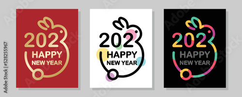 Creative concept of 2023 Happy New Year posters set. The year of the rabbit. Creative rabbit logo and text 2023. Happy Chinese New Year for banner, poster, card, calendar.