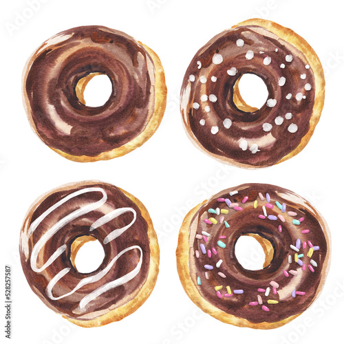 Tela Donut set, chocolate doughnuts with dressings. Food illustration.
