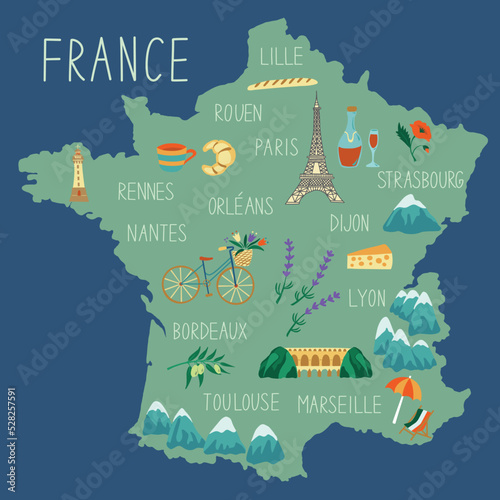 Hand drawn illustrated map of France. Concept of travel. Colorfed vector illustartion. Country symbols on the map.