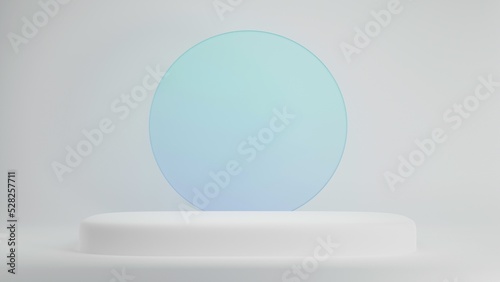 Realistic 3d pedestal podium pastel gradient blue with glass decoration. Abstract rendering geometric platform. Product display presentation. Minimal scene.