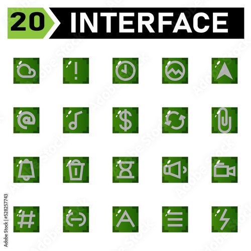 Interface icon set include cloud, weather, interface, caution, warning, attention, important, time, timer, clock, alarm, picture, photo, gallery, message, mail, letter, chat, email, envelope, music