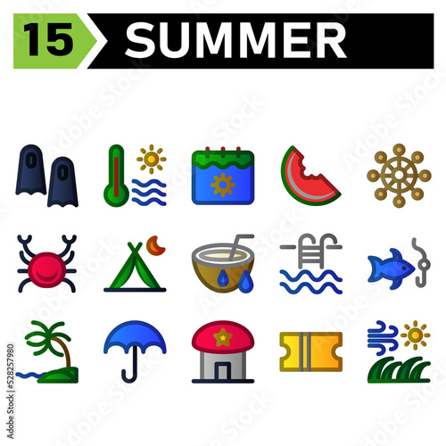 Summer icon set include flippers, swim fish, summer, vacation, diving, temperature, hot, sun, weather, calendar, date, holiday, watermelon, fruit, journey, food, sail, navigation, wheel,direction,crab