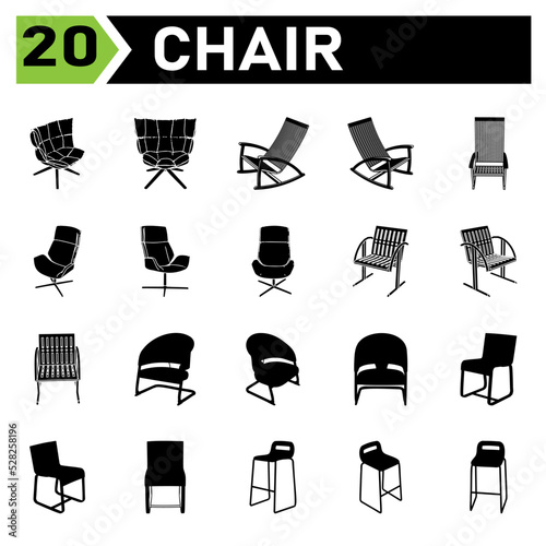 chair icon set include chair, office, modern, armchair, furniture, interior, set, vector, isolated, home, collection, white, seat, comfortable, typing, house, sit, design, business, room, icon
