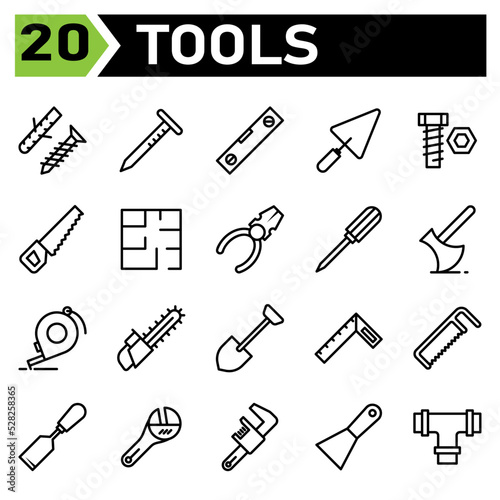 Tools construction icon set include screw, self tapping, bolt, self fastening, construction, nail, tools, carpenter, building, water pass, level, shovel, trowel, cement, equipment, work,bold,tool,saw