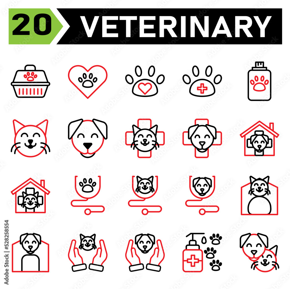 Veterinary icon set include carrier, vet, pet, box, cargo, love, paw, veterinary, clinic, pet care, animal lover, care, medic, shampoo, soap, grooming, cat, face, kitten, emoticon, dong, canine, puppy