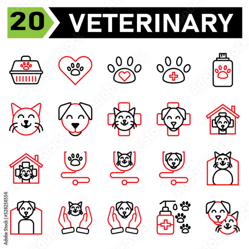 Veterinary icon set include carrier, vet, pet, box, cargo, love, paw, veterinary, clinic, pet care, animal lover, care, medic, shampoo, soap, grooming, cat, face, kitten, emoticon, dong, canine, puppy