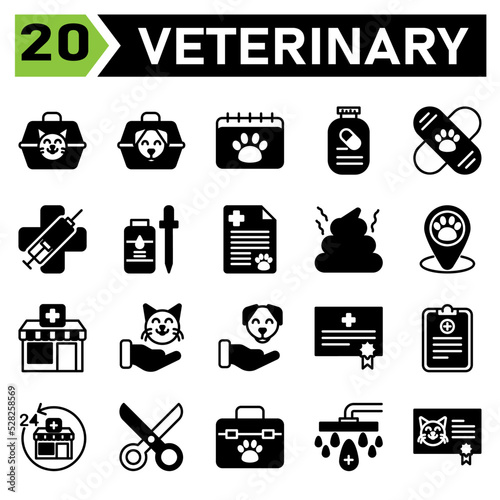 Veterinary icon set include carrier, vet, pet, box, cat, dog, calendar, appointment, veterinary, schedule, medication, supplement, vitamin, vaccine, bandied, clinic, medic, syringe, virus, flee