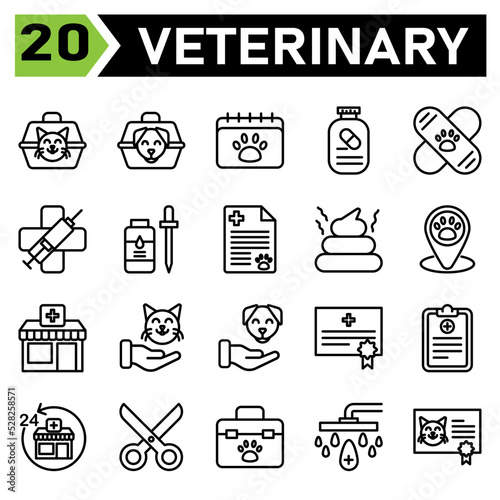 Veterinary icon set include carrier, vet, pet, box, cat, dog, calendar, appointment, veterinary, schedule, medication, supplement, vitamin, vaccine, bandied, clinic, medic, syringe, virus, flee