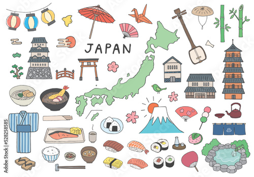日本にまつわるモチーフの手描きイラストセット（カラー）