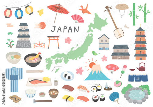 日本にまつわるモチーフの手描きイラストセット（カラー/輪郭線なし）